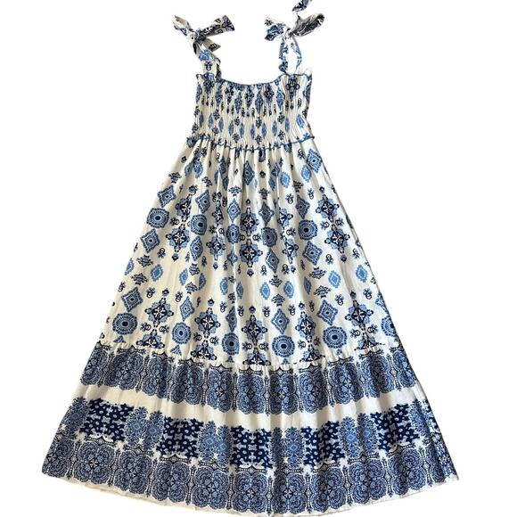 Zara Smocked Tie Strap Boho Linen Maxi Tiered‎ Dress Grecian Print Size Large - Picture 6 of 10